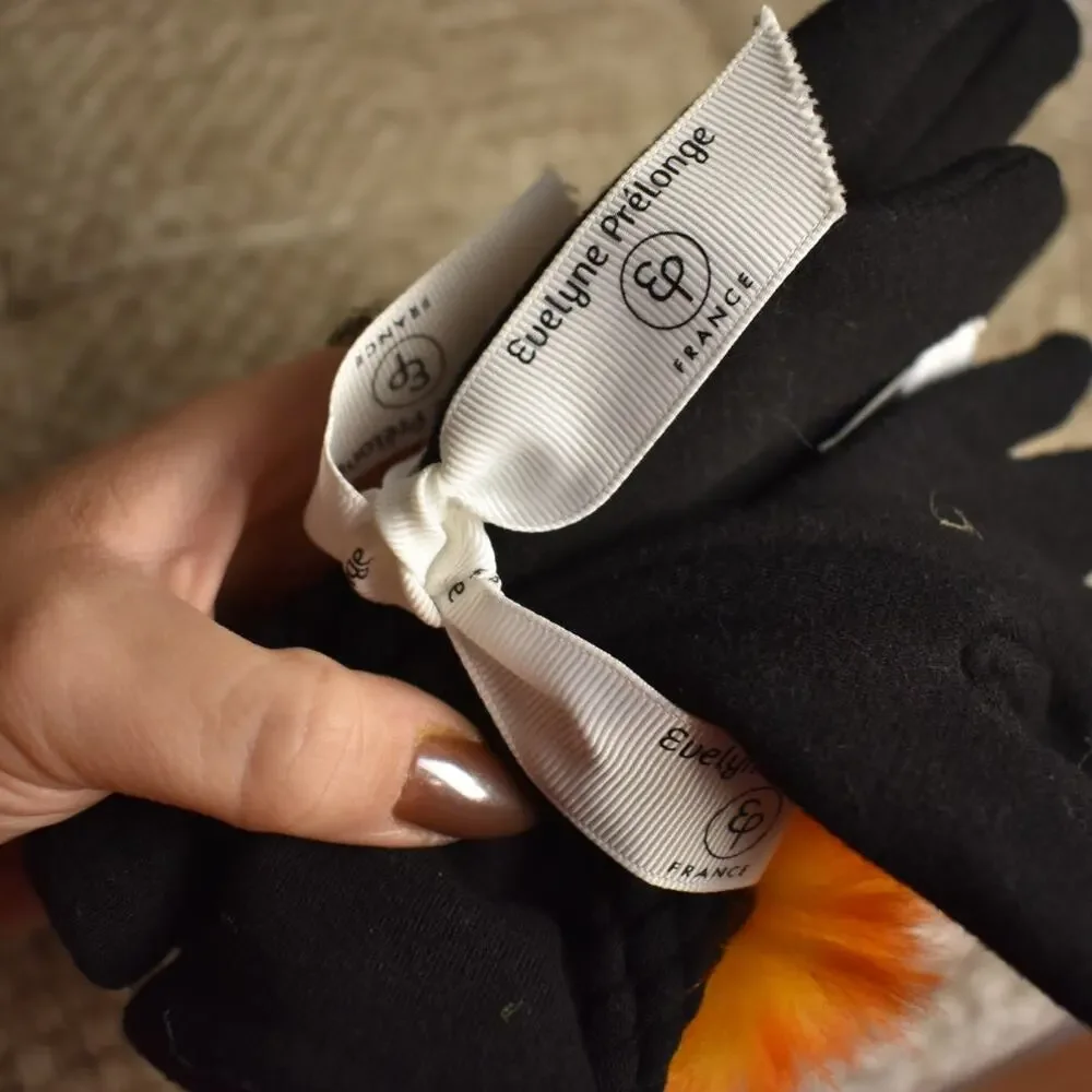Evelyne Prelonge France Parisian Black Orange Pom Pom Gloves NWT